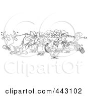 Cartoon Black And White Outline Design Of A Cow With Eight Milking Maids