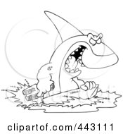 Royalty Free RF Clip Art Illustration Of A Cartoon Black And White Outline Design Of A Shark Steering A Boat by toonaday