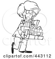 Royalty Free RF Clip Art Illustration Of A Cartoon Black And White Outline Design Of A Happy Woman Carrying Gifts