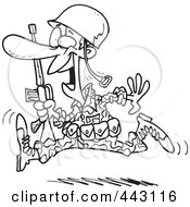 Poster, Art Print Of Cartoon Black And White Outline Design Of A Running Marine Soldier