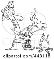 Cartoon Black And White Outline Design Of A Man Roasting Marshmallows And Catching His Hat On Fire