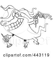 Royalty Free RF Clip Art Illustration Of A Cartoon Black And White Outline Design Of A Mardi Gras Crocodile Holding A Trumpet by toonaday