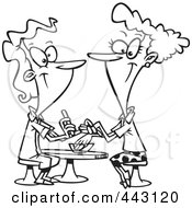 Cartoon Black And White Outline Design Of A Pleasant Manicurist Working On A Client