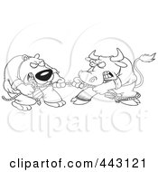 Cartoon Black And White Outline Design Of A Market Bull And Bear Engaged In Tug Of War