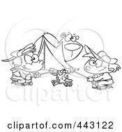 Poster, Art Print Of Cartoon Black And White Outline Design Of A Bear Watching Camping Boys Roast Marshmallows