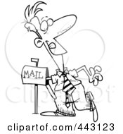 Poster, Art Print Of Cartoon Black And White Outline Design Of A Man Anxiously Reaching Into His Mailbox