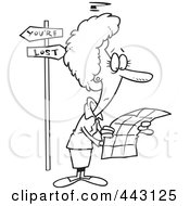 Royalty Free RF Clip Art Illustration Of A Cartoon Black And White Outline Design Of A Lost Woman Trying To Read A Map by toonaday