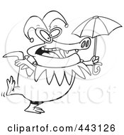 Royalty Free RF Clip Art Illustration Of A Cartoon Black And White Outline Design Of A Mardi Gras Crocodile Holding An Umbrella by toonaday