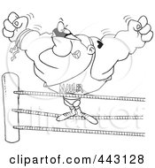 Poster, Art Print Of Cartoon Black And White Outline Design Of A Big Wrestler In The Ring