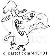 Royalty Free RF Clip Art Illustration Of A Cartoon Black And White Outline Design Of A Chef Pig Holding Up His Masterpiece