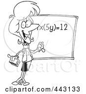 Royalty Free RF Clip Art Illustration Of A Cartoon Black And White Outline Design Of A Female Math Teacher During Class