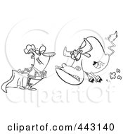 Royalty Free RF Clip Art Illustration Of A Cartoon Black And White Outline Design Of A Bull Charging A Matador by toonaday