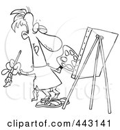 Poster, Art Print Of Cartoon Black And White Outline Design Of A Male Artist Painting His Masterpiece