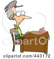 Poster, Art Print Of Cartoon Teacher Sitting At Her Desk With A Dart On Her Forehead