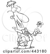 Royalty Free RF Clip Art Illustration Of A Cartoon Black And White Outline Design Of A Courting Man Holding A Flower And A Gift