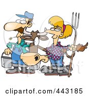 Royalty Free RF Clip Art Illustration Of A Cartoon Farmer Couple With A Cow by toonaday