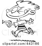 Poster, Art Print Of Cartoon Black And White Outline Design Of A Boy Playing With A Dart Gun