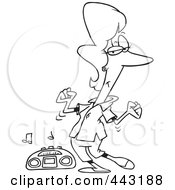 Royalty Free RF Clip Art Illustration Of A Cartoon Black And White Outline Design Of A Woman Dancing By A Radio
