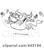Poster, Art Print Of Cartoon Black And White Outline Design Of A Happy Bull Tossing Daisies