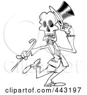 Poster, Art Print Of Cartoon Black And White Outline Design Of A Dancing Skeleton