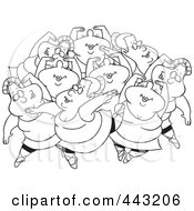 Royalty Free RF Clip Art Illustration Of A Cartoon Black And White Outline Design Of Nine Ladies Dancing by toonaday