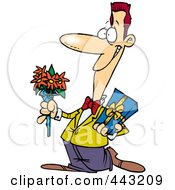 Poster, Art Print Of Cartoon Courting Man Holding Flowers And A Gift