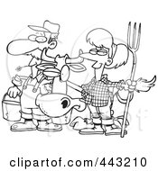 Poster, Art Print Of Cartoon Black And White Outline Design Of A Farmer Couple With A Cow