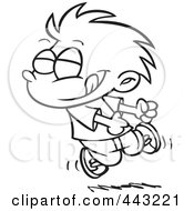Royalty Free RF Clip Art Illustration Of A Cartoon Black And White Outline Design Of A Boy Doing A Happy Dance