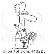 Royalty Free RF Clip Art Illustration Of A Cartoon Black And White Outline Design Of A Pleased Dad Holding A Wrench Gift