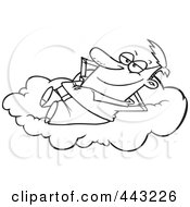 Royalty Free RF Clip Art Illustration Of A Cartoon Black And White Outline Design Of A Man Daydreaming On A Cloud by toonaday