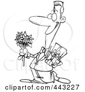 Poster, Art Print Of Cartoon Black And White Outline Design Of A Courting Man Holding Flowers And A Gift
