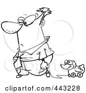 Royalty Free RF Clip Art Illustration Of A Cartoon Black And White Outline Design Of A Businessman Rolling His Duck Toy