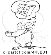 Poster, Art Print Of Cartoon Black And White Outline Design Of A Mouse Daydreaming Of Cheese