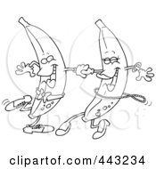 Royalty Free RF Clip Art Illustration Of A Cartoon Black And White Outline Design Of A Banana Couple Dancing
