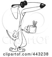 Royalty Free RF Clip Art Illustration Of A Cartoon Black And White Outline Design Of A Wiener Dog Holding A Pencil Cup