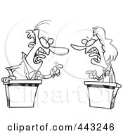 Cartoon Black And White Outline Design Of A Businessman And Woman Debating