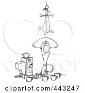 Royalty Free RF Clip Art Illustration Of A Cartoon Black And White Outline Design Of A Deadline Sword Looming Over A Businesswoman