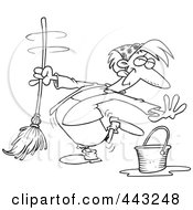 Royalty Free RF Clip Art Illustration Of A Cartoon Black And White Outline Design Of A Woman Dancing And Mopping by toonaday