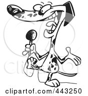 Royalty Free RF Clip Art Illustration Of A Cartoon Black And White Outline Design Of A Dalmatian Using A Microphone by toonaday