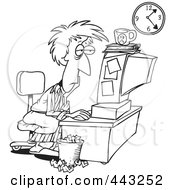 Poster, Art Print Of Cartoon Black And White Outline Design Of A Tired Woman Trying To Meet Her Deadline
