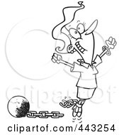 Cartoon Black And White Outline Design Of A Woman Breaking Free From Debt