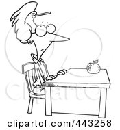 Poster, Art Print Of Cartoon Black And White Outline Design Of A Teacher Sitting At Her Desk With A Dart On Her Forehead