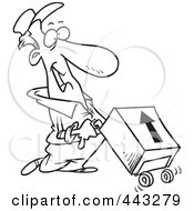 Royalty Free RF Clip Art Illustration Of A Cartoon Black And White Outline Design Of A Delivery Man With A Package On A Dolly