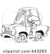 Cartoon Black And White Outline Design Of A Deceptive Car Salesman