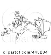 Poster, Art Print Of Cartoon Black And White Outline Design Of A Computer Sucking In A Businessman
