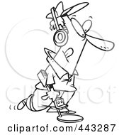 Poster, Art Print Of Cartoon Black And White Outline Design Of A Man Using A Metal Detector
