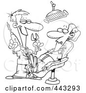 Poster, Art Print Of Cartoon Black And White Outline Design Of A Dentist Holding Pliers And A Drill Over A Patient