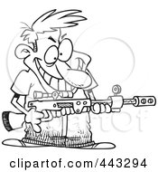 Poster, Art Print Of Cartoon Black And White Outline Design Of A Demented Man Holding A Gun