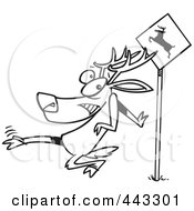 Poster, Art Print Of Cartoon Black And White Outline Design Of A Crossing Deer