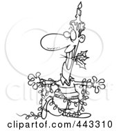 Royalty Free RF Clip Art Illustration Of A Cartoon Black And White Outline Design Of A Christmas Man In Lights With A Candle And Holly